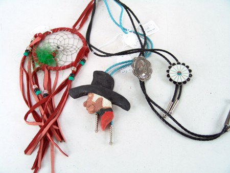 Bolo Tie Collection: 1970s, 80s, Set of 3 bolo ties plus a small dream catcher. Various