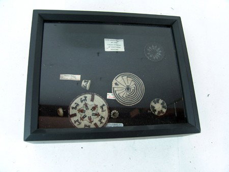 Miniature Horsehair Baskets in Frame: , Collection of seven miniature Tohono O'odham horsehair baskets with figures, butterflies, and man-in-maze design. By Leona Anton, Nora Thomas, and others. All very good condition. Various