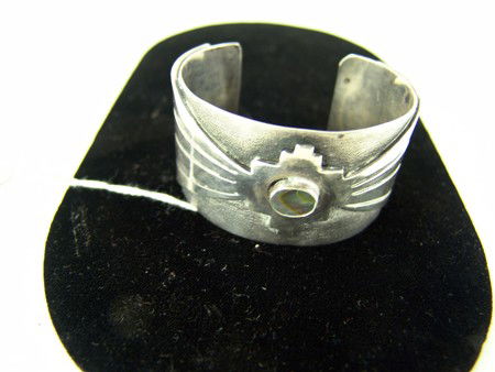 Hopi/Navajo Bracelet: 1970s, Wide silver-on-silver overlay bracelet with single abalone stone. Very good used condition. 5-1/4" + 1-1/8" gap x 1-1/2"