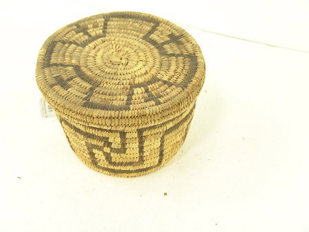 Pima Basket: 1950, Older lidded Pima basket with key design. 8" x 5-1/2"