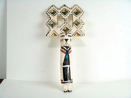 Katsina Doll: Late 1900s, Beautiful hand carved and painted old style cottonwood route katsina doll with large tabletta. 19" x 8"