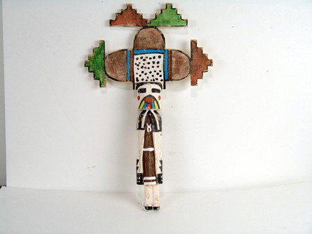 Katsina Doll: Late 1900s, Beautiful hand carved and painted old style cottonwood route katsina doll with large tabletta. 19" x 12"