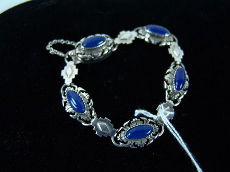 Navajo Bracelet - FB: Late 1900s, Beautiful Navajo sterling hollow work 5 segment bracelet set with blue lapis stones. Excellent condition, signed "FB". 7-1/2"
