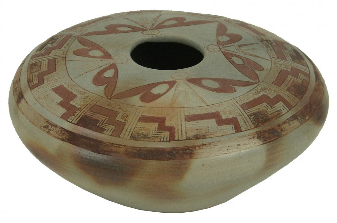 Hopi Pottery Jar- Miriam Nampeyo: Very fine wide shouldered polychrome seed pot with butterfly/moth and geometric designs. Good condition, shows handling. Circa: Late 1900s Size: 4" x 9"