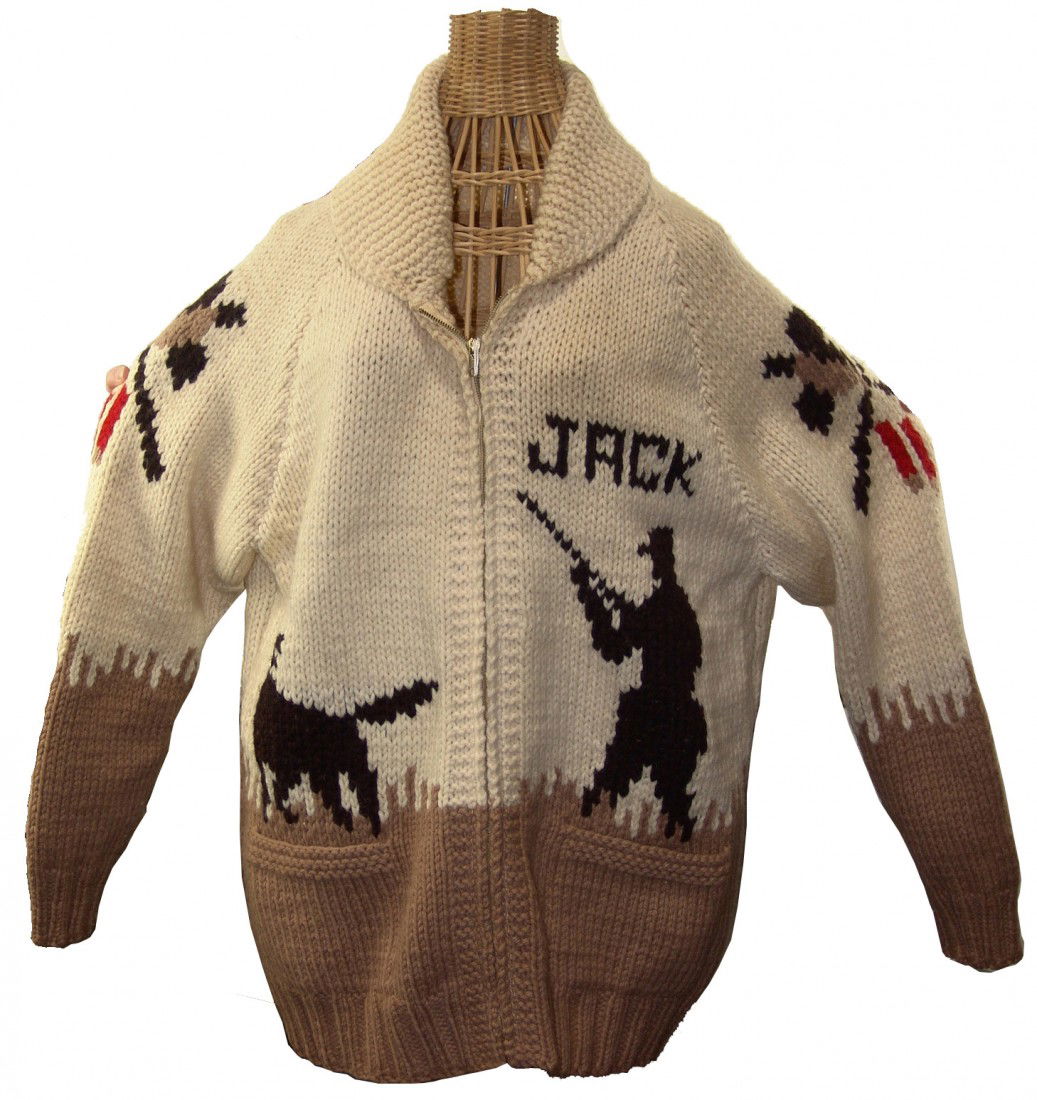 Cowichan Wool Sweater: Traditional hand knitted wool sweater with bird and animal figures and the word "Jack" on one side. Very good condition. Circa: 1980s Size: Adult large