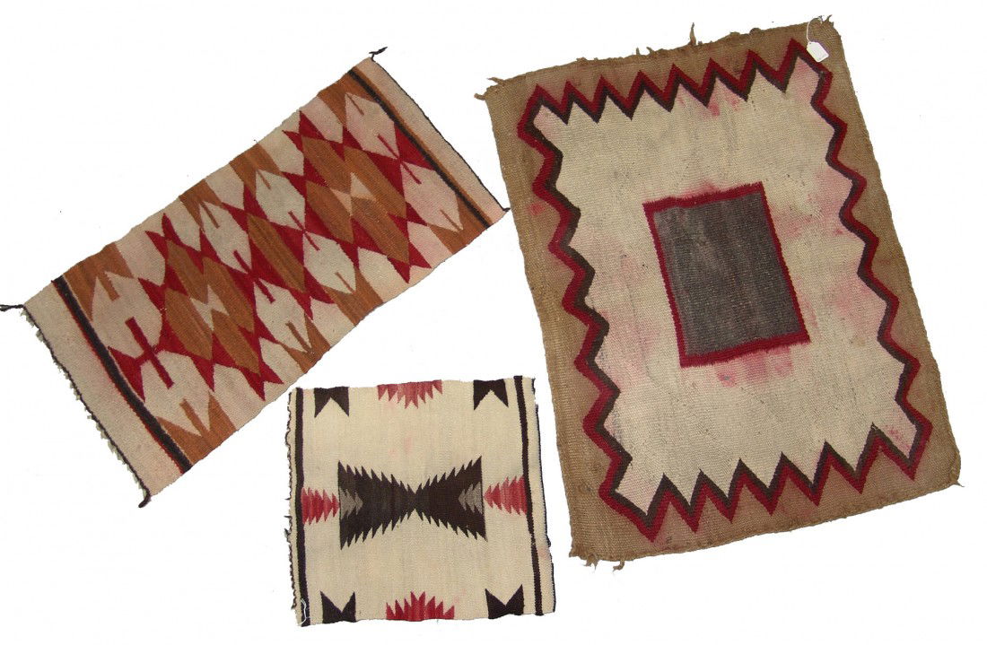 3 Old Navajo Rugs: Collection of 3 old well used Navajo rugs. All in poor to fair condition. Circa: Various Size: 40" x 31" largest