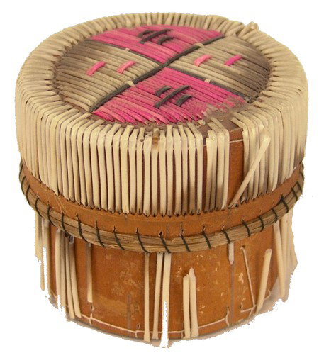Iroquois Birch Bark Basket: Traditional lidded trinket basket covered with porcupine quills. Fair condition, most bottom quills missing. Circa: Mid 1900s Size: 2" x 2-1/2"