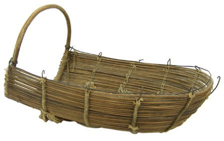 Klamath Basketry Cradle: Traditional design bent willow baby carrier with arched protector/sunshade. Very good condition, reinforced with wire. Circa: 1930s Size: 5" x 19" x 14"