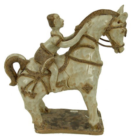 Buddhist Sculpture: Rare Ko-Min-Kyaw warrior on a decorated horse, a glazed ceramic from the Buddhist revival period in the early 1900s. Good condition, some repairs. Circa: Early 1900s Size: 14" x 11" x 5"