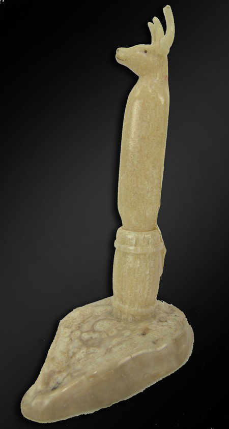 Eskimo Ivory Carving: Unique finely carved pen holder and handle with a deer head top. Fits a "Bic Stick" pen. Very good condition. Circa: 1970s Size: 5" x 2"