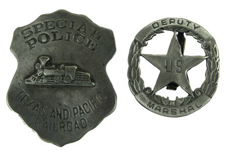 2 Old West Replica Badges: Pair of cast duplicate badges "Special Police - Texas and Pacific Railroad" and "Deputy U.S. Marshall." Both very good condition. Circa: Late 1900s Size: 2-1/2" x 2" largest