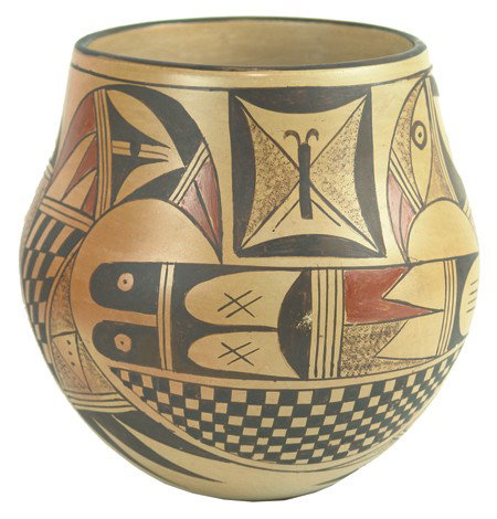 Hopi Pottery Jar- Sara Collateta: 1970s, Fine wide mouthed pottery jar with traditional avian motif including additional figures. Very good condition. 7-1/2" x 7"