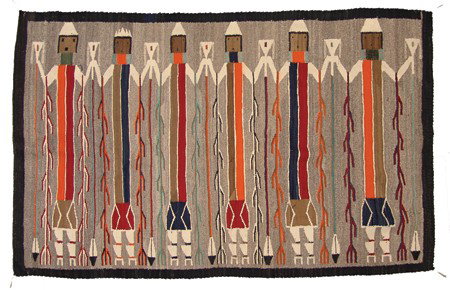Navajo Rug/Weaving: Mid 1900s, Beautiful heather field Yei figured rug with feathers and outlined corn stalks. Very good condition. 72" x 45"