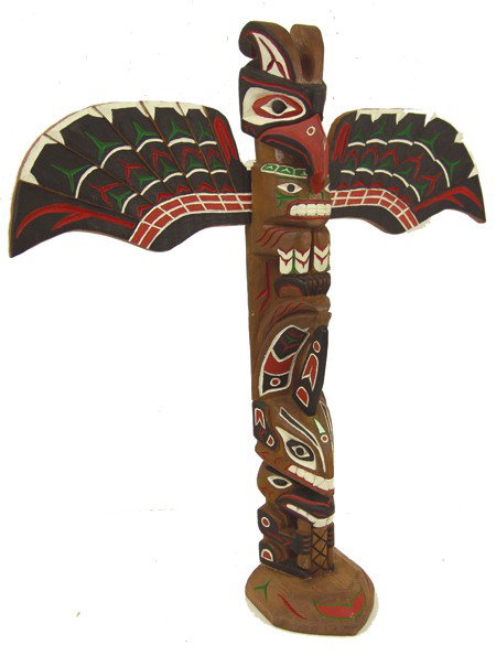 Northwest Coast Model Totem Pole- Norman Drynock: 1970s, Beautiful hand carved and painted red cedar Tlingit totem pole with removable wings. Very good used condition. 24" x 22" x 4" + base