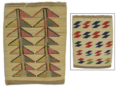 Nez Perce Cornhusk Bag: 1930s, Outstanding very large 2-sided woven cornhusk bag with traditional designs of dyed husk with woolen outlines, one side with only wool. Very good condition, some missing/worn wool areas. Very pi