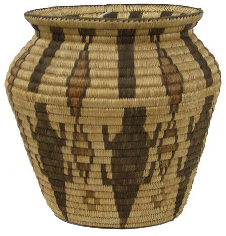 Pima Basket: Mid 1900s, Stunning wide mouthed basketry olla with very rare polychrome Gila monster and geometric designs. Very good condition, a visual treat. 11-1/2" diameter