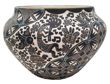 Santa Ana Pottery Jar - M. Tenorio: Late 1900s, Splendid thin walled pottery with black and turquoise sgraffito design and "Hunchback Flute Player" Kokopelli motif. 5" x 7"