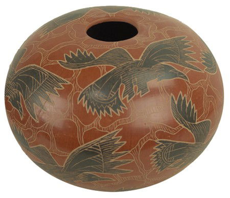 Mata Ortiz Pottery Jar: Early 2000s, Very fine redware seed pot with large bird figures done in sgraffito. This has a fine long crack that has been glued, but is sturdy and intact. 7" x 9"