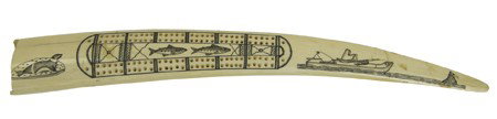 Eskimo Ivory Cribbage Board: Early/Mid 1900s, Very fine inked scrimshaw walrus tusk with hunter, seals, and fish. Very good condition but original peg compartment is damaged/missing. 14" x 2"