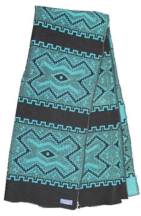 Pendleton Woolen Blanket: Mid 1900s, Beautiful turquoise and black "auto robe" with banded geometric pattern, a rare design. Very good condition with a small hole in body, minor fading. 70" x 50"