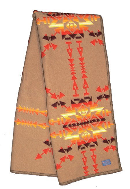 Pendleton Woolen Blanket: Late 1900s, Beautiful buckskin background all wool "robe" with original tag and felt edging. Very good condition, reversible. 80" x 62"
