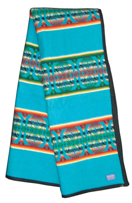 Pendleton Woolen Blanket: Late 1900s, Classic banded all wool turquoise "robe" with original tag and felt edging. Very good condition. 62" x 82"