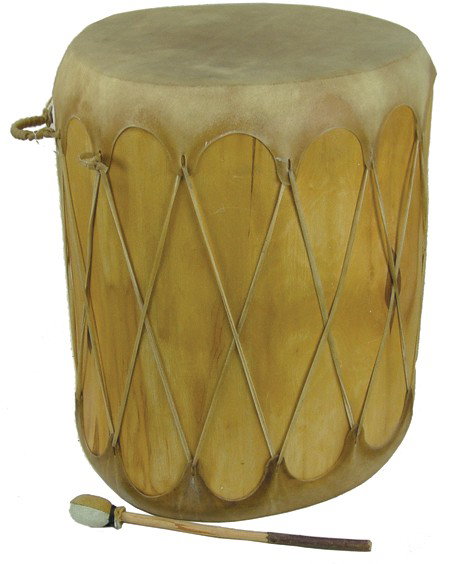 Taos Drum: Late 1900s, Classic design hand carved cottonwood trunk drum with stretched rawhide faces and buckskin drumstick. Excellent condition. 17" x 22"