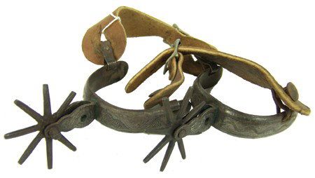 Antique Western Spurs: Early 1900s, Classic old pair of spurs with some Mexican silver overlay and engraving. Good condition. Standard