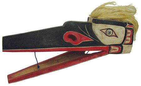 Northwest Coast Mask: Late 1900s, Beautiful hand carved and painted wooden raven mask with jute hair, shell inlay eyes, and long articulating beak. Very good condition. 27" x 8-1/2" x 8"