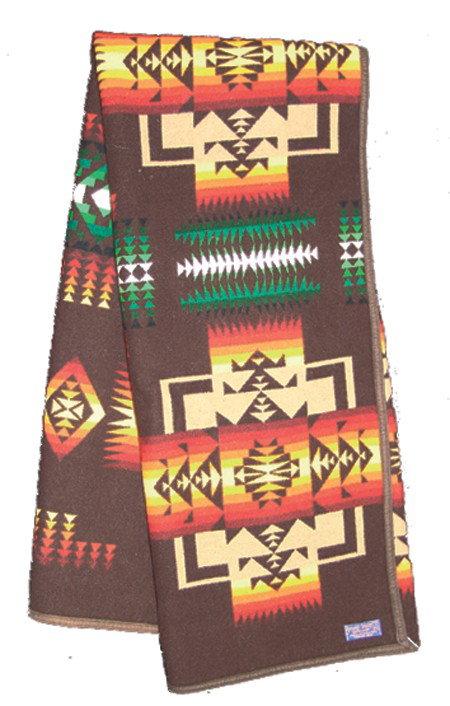 Pendleton Woolen Blanket: 1960s, Classic 9-element Chief Joseph pattern all wool "robe" with dark brown field, original label, and felt edging. Very good condition. 77" x 66"
