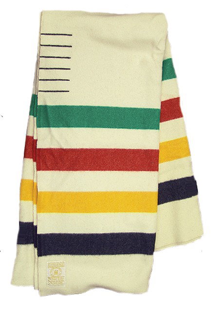 Hudson Bay Point Blanket: Late 1900s, Classic extra large 6-point all wool blanket with traditional red, yellow, green, and indigo stripes. Very good condition with original box. 96" x 92"