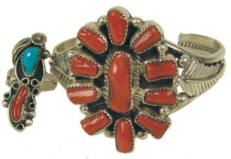 Navajo Bracelet and Ring Set - Mary John: Late 1900s, Traditional sterling cuff bracelet with leaf accents and eleven matching brick coral stones plus a classic 2-stone turquoise, coral, and silver ring. Very good condition. 5-1/2" x 1-3/4" +