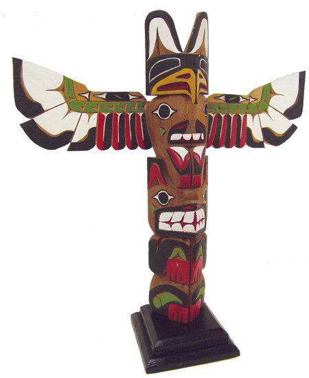 Northwest Coast Model Totem Pole - Louis Moran: Mid 1900s, Beautiful hand carved and painted vintage red cedar totem pole with 3-figures and extended wings. Very good condition. 18" x 17" x 3-1/2" + base