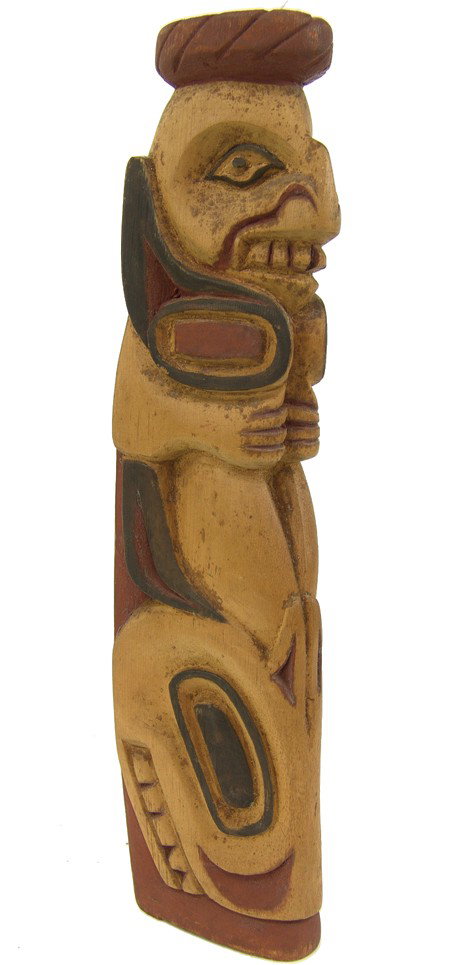 Northwest Coast Model Totem Pole - Yeltatzie: Early 1900s, Traditional triangular shaped hand carved and painted Hiada/Tsimsian yellow cedar totem pole. Very good used condition, nice patina. 14" x 3" x 3-1/2"