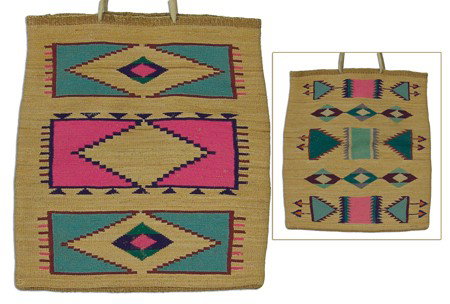 Nez Perce Cornhusk Bag: Early/Mid 1900s, Finer weave 2-sided traditional woven bag with colorful geometric designs done with extra fine woolens. Very good condition. 13" x 12"