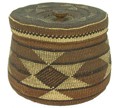 Karuk Basket: Early 1900s, Very fine weave older lidded basket with striking polychrome geometric designs. Very good condition, shows some use, has great patina. 4-1/2" x 6"