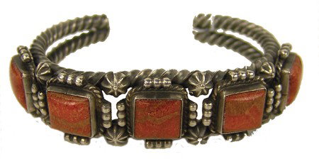 Navajo Bracelet - Willie Singer: 1970s, Rare early traditional silver cuff bracelet with twist bands and five square cut gemstones. Very good condition, signed "S with a slash." 5" + 1" x 5/8"