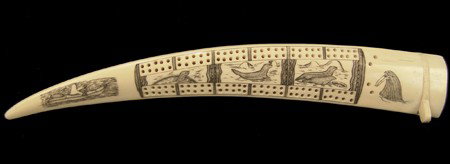 Eskimo Ivory Cribbage Board- Aloysius Pikonganna: Mid 1900s, Exceptional finely carved cribbage board with hunting scenes on both sides and a map on the bottom, all done in scrimshaw. Very good condition, with pegs and hinged compartment. 2" x 13"