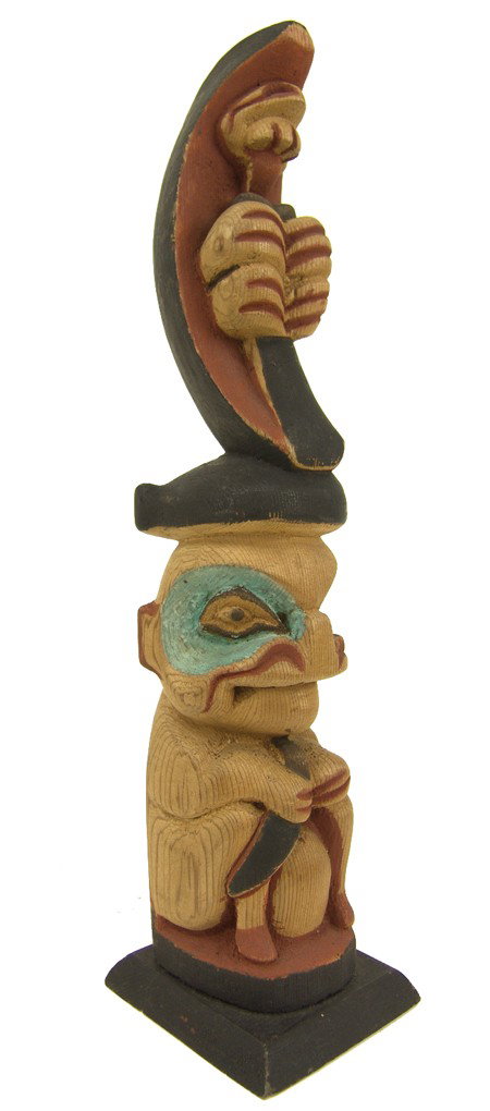 Northwest Coast Model Totem Pole - Yeltatzie: Early 1900s, Classic early Haida/Tsimshian hand carved and painted red cedar from Hydaburg, AK. Very good used condition. 13" x 2-1/2" x 2-1/2"