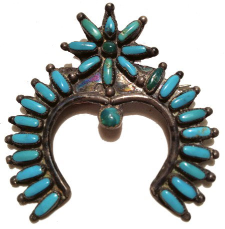 Zuni Pin: 1964, Beautiful Zuni silver pin with needlepoint turquoise. 2" x 1-3/4"