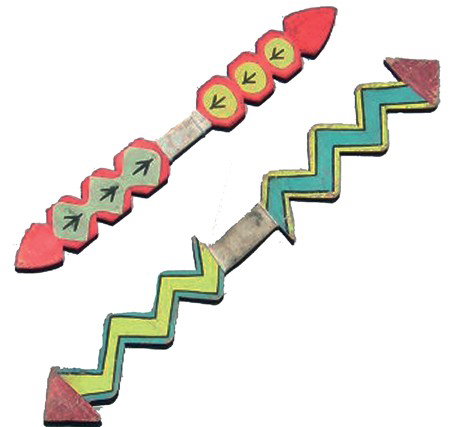 2 Hopi Dance Wands: 1950s, Pair of Hopi painted wooden dance wands, one with lightning bolt design, the other with bird track images, used for ceremonial dances. Largest 23" x 3"