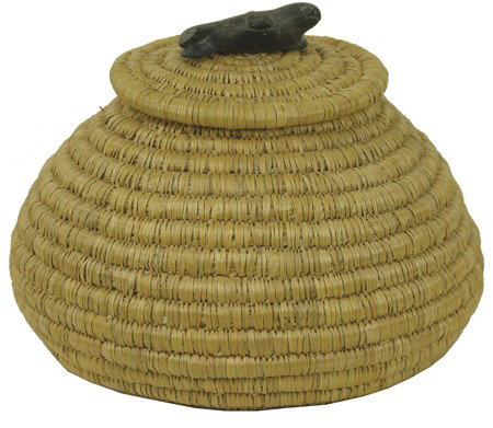 Eskimo Basket- Mary Qumarluk: Mid/Late 1900s, Traditional large weave lidded storage basket with carved soapstone seal on lid. Very good condition. 8" x 11"