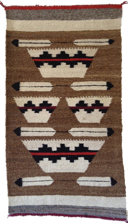 Navajo Rug/Weaving: 1960s, Great Navajo pictorial rug with feathers and ceremonial baskets made with home spun natural and aniline dyed wool. 35" x 19"