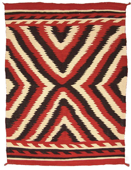 Navajo Rug/Weaving: Early/Mid 1900s, Classic soft weave eye dazzler blanket with serrated elements. Good condition and color, a few spots of exposed warp. 46" x 71"