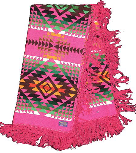 Pendleton Woolen Blanket: 1970s, Classic woven all wool Cheyenne pink "shawl" with original label and hand knotted fringe. Very good condition (except a small 1" cut on one edge which has been repaired). 62" x 62"