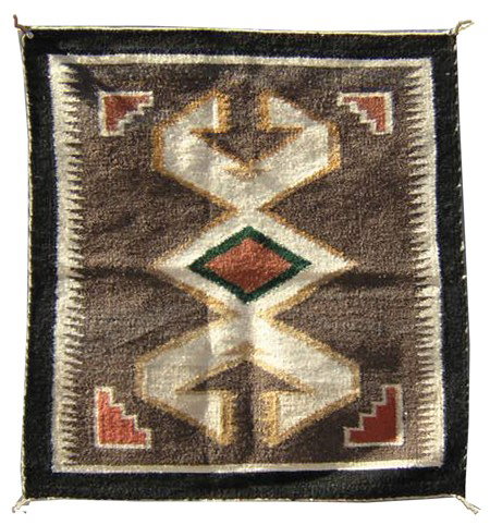 Navajo Rug/Weaving - Robert E. Frank: 1990s, Navajo rug with multi-colored geometric design made with home spun vegetal dyed wool from Ship Rock, New Mexico. 30" x 28"