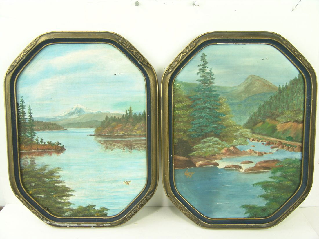 Pair of Paintings: Pair of signed original paintings, one called "Life and Health" and the other called "Mount Baker from Friday Harbor on San Juan Island in Puget Sound". Good condition. Size: 15" x 11" (18" x 13") eac