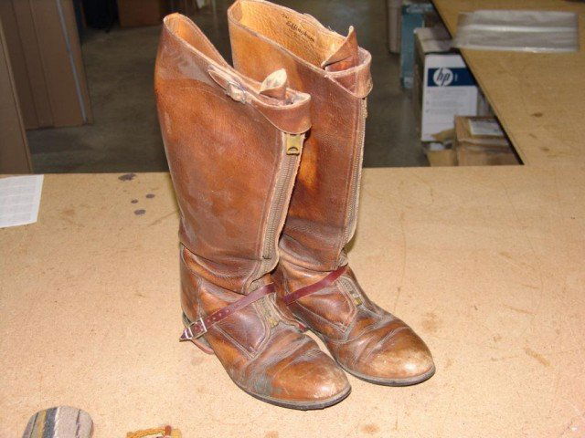 Antique Boots and Spurs: High top military issue leather boots with matching Bauermann spurs. Condition: good. Size: Men's 10 Circa: Early-mid 1900s