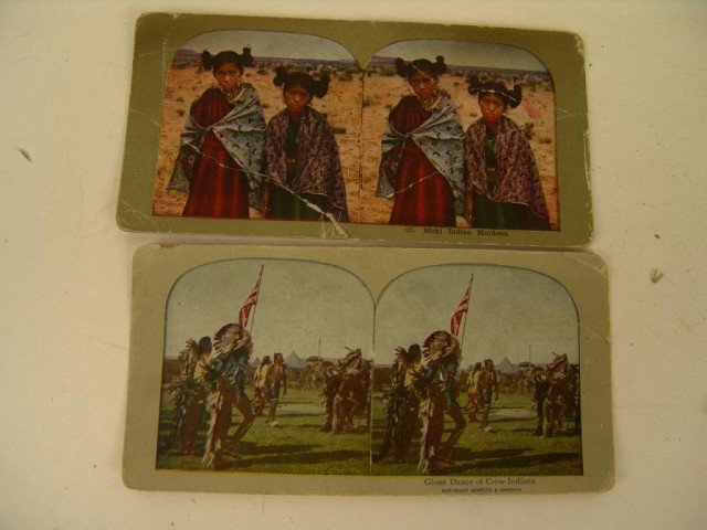 2 Stereoscope Images: 2 vintage stereopticon images, one of 2 Moki Indian Maidens, the other of a Crow Ghost Dance. Moki card with some bending. Size: 7" x 3-1/2" Circa: