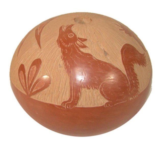 Santa Clara Seed Pot- Corn Moquino: Very fine globular redware pottery vessel with a howling coyote and other figures done in sgraffitto. Very good condition. Size: 3" x 3-1/2" Circa: 1980s